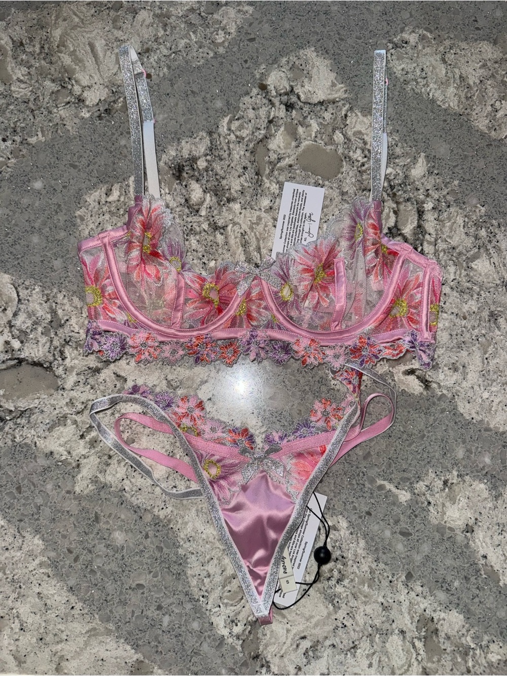 NWT Small Aster For Love and Lemons  Embroidered Metallic Bra and Thong Set